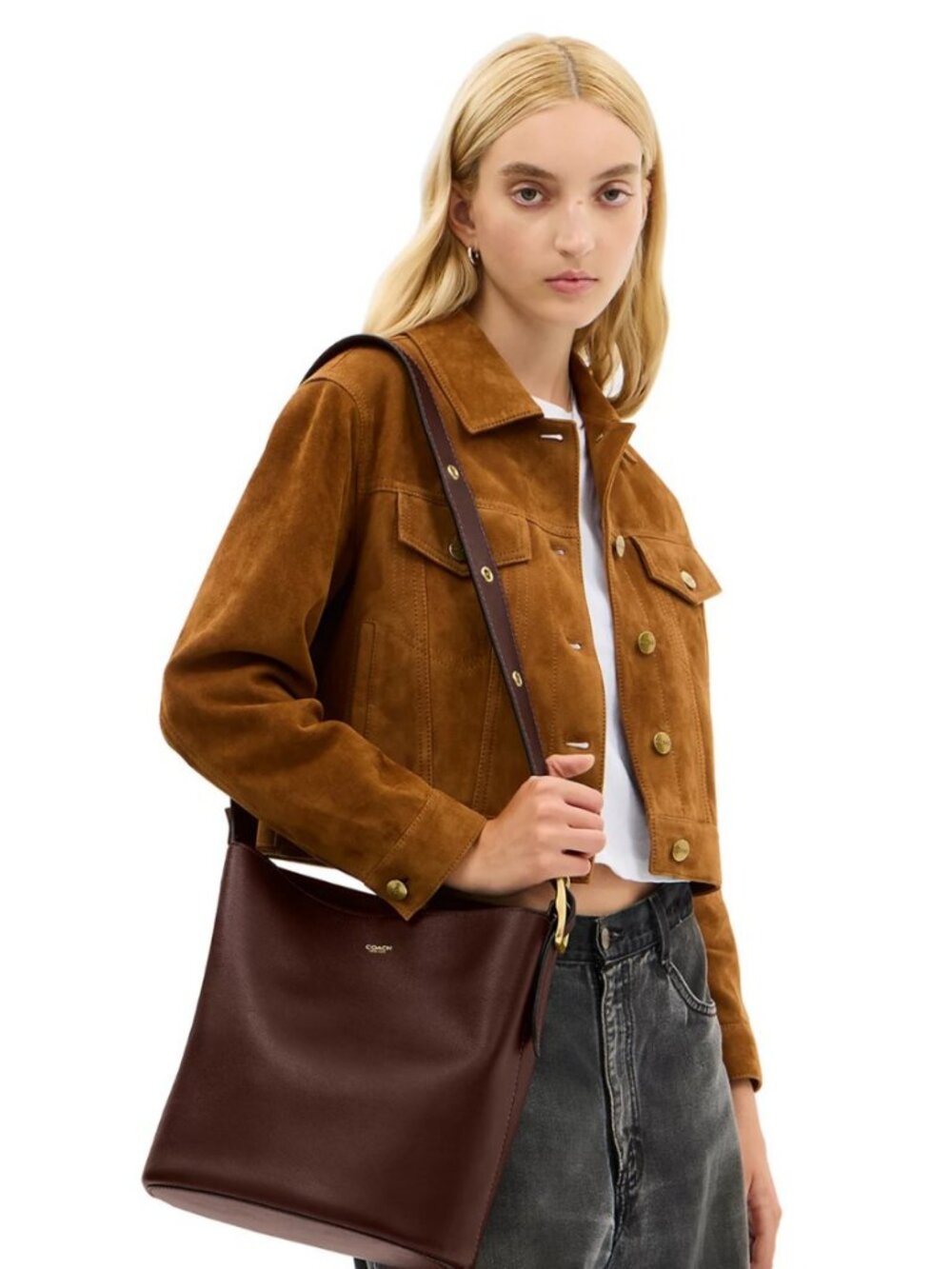 COACH Bleecker leather large women's bucket shoulder bag + pouch - Maple/Brown - Picture 3 of 15